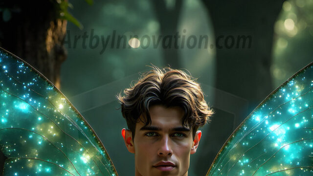 Brought to life through AI, Capturing the Pristine and Elusive Male Fairy. Imagine a realm where handsome shirtless men & boys possess enormous, shimmering crystal wings, vibrant and radiant, capturing and reflecting the light of the environment in a mesmerizing way, and adding a touch of mystery to their intense visage. Outdoors in a fantasy mysterious enchanted realm.