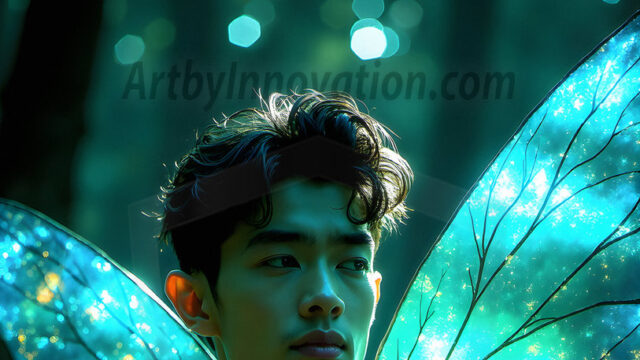 Brought to life through AI, Capturing the Pristine and Elusive Male Fairy. Imagine a realm where handsome shirtless men & boys possess enormous, shimmering crystal wings, vibrant and radiant, capturing and reflecting the light of the environment in a mesmerizing way, and adding a touch of mystery to their intense visage. Outdoors in a fantasy mysterious enchanted realm.
