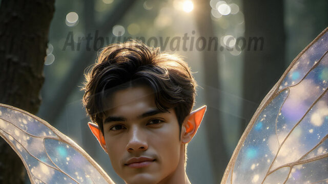 Brought to life through AI, Capturing the Pristine and Elusive Male Fairy. Imagine a realm where handsome shirtless men & boys possess enormous, shimmering crystal wings, vibrant and radiant, capturing and reflecting the light of the environment in a mesmerizing way, and adding a touch of mystery to their intense visage. Outdoors in a fantasy mysterious enchanted realm.