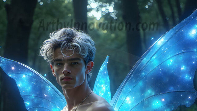Brought to life through AI, Capturing the Pristine and Elusive Male Fairy. Imagine a realm where handsome shirtless men & boys possess enormous, shimmering crystal wings, vibrant and radiant, capturing and reflecting the light of the environment in a mesmerizing way, and adding a touch of mystery to their intense visage. Outdoors in a fantasy mysterious enchanted realm.