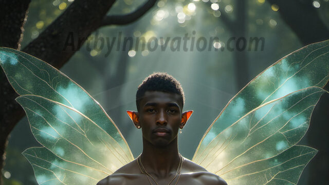 Brought to life through AI, Capturing the Pristine and Elusive Male Fairy. Imagine a realm where handsome shirtless men & boys possess enormous, shimmering crystal wings, vibrant and radiant, capturing and reflecting the light of the environment in a mesmerizing way, and adding a touch of mystery to their intense visage. Outdoors in a fantasy mysterious enchanted realm.
