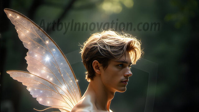 Brought to life through AI, Capturing the Pristine and Elusive Male Fairy. Imagine a realm where handsome shirtless men & boys possess enormous, shimmering crystal wings, vibrant and radiant, capturing and reflecting the light of the environment in a mesmerizing way, and adding a touch of mystery to their intense visage. Outdoors in a fantasy mysterious enchanted realm.