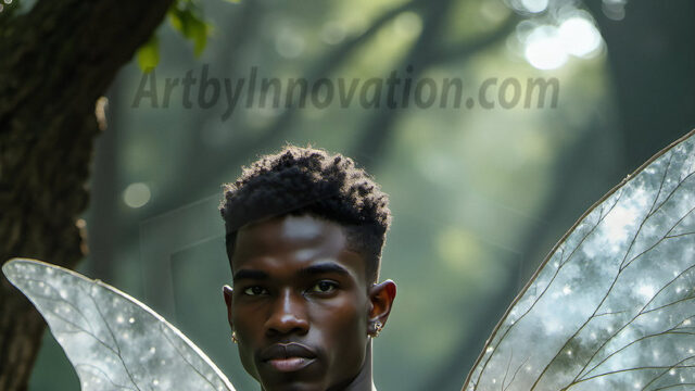 Brought to life through AI, Capturing the Pristine and Elusive Male Fairy. Imagine a realm where handsome shirtless men & boys possess enormous, shimmering crystal wings, vibrant and radiant, capturing and reflecting the light of the environment in a mesmerizing way, and adding a touch of mystery to their intense visage. Outdoors in a fantasy mysterious enchanted realm.