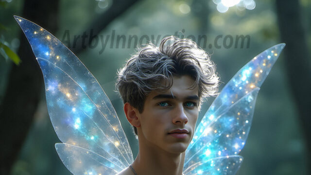 Brought to life through AI, Capturing the Pristine and Elusive Male Fairy. Imagine a realm where handsome shirtless men & boys possess enormous, shimmering crystal wings, vibrant and radiant, capturing and reflecting the light of the environment in a mesmerizing way, and adding a touch of mystery to their intense visage. Outdoors in a fantasy mysterious enchanted realm.