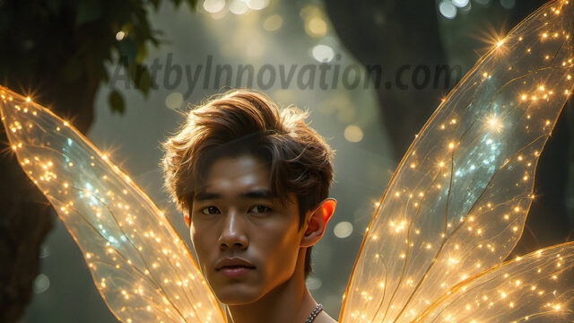 Brought to life through AI, Capturing the Pristine and Elusive Male Fairy. Imagine a realm where handsome shirtless men & boys possess enormous, shimmering crystal wings, vibrant and radiant, capturing and reflecting the light of the environment in a mesmerizing way, and adding a touch of mystery to their intense visage. Outdoors in a fantasy mysterious enchanted realm.