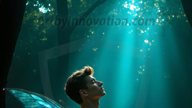Brought to life through AI, Capturing the Pristine and Elusive Male Fairy. Imagine a realm where handsome shirtless men & boys possess enormous, shimmering crystal wings, vibrant and radiant, capturing and reflecting the light of the environment in a mesmerizing way, and adding a touch of mystery to their intense visage. Outdoors in a fantasy mysterious enchanted realm.
