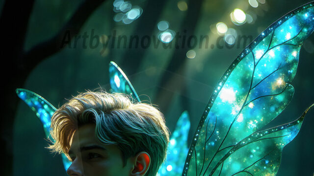 Brought to life through AI, Capturing the Pristine and Elusive Male Fairy. Imagine a realm where handsome shirtless men & boys possess enormous, shimmering crystal wings, vibrant and radiant, capturing and reflecting the light of the environment in a mesmerizing way, and adding a touch of mystery to their intense visage. Outdoors in a fantasy mysterious enchanted realm.