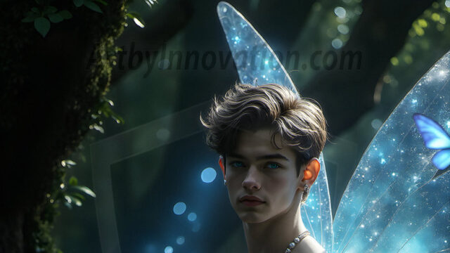 Brought to life through AI, Capturing the Pristine and Elusive Male Fairy. Imagine a realm where handsome shirtless men & boys possess enormous, shimmering crystal wings, vibrant and radiant, capturing and reflecting the light of the environment in a mesmerizing way, and adding a touch of mystery to their intense visage. Outdoors in a fantasy mysterious enchanted realm.