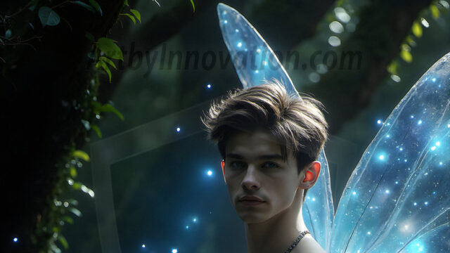 Brought to life through AI, Capturing the Pristine and Elusive Male Fairy. Imagine a realm where handsome shirtless men & boys possess enormous, shimmering crystal wings, vibrant and radiant, capturing and reflecting the light of the environment in a mesmerizing way, and adding a touch of mystery to their intense visage. Outdoors in a fantasy mysterious enchanted realm.