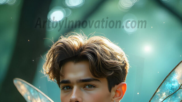 Brought to life through AI, Capturing the Pristine and Elusive Male Fairy. Imagine a realm where handsome shirtless men & boys possess enormous, shimmering crystal wings, vibrant and radiant, capturing and reflecting the light of the environment in a mesmerizing way, and adding a touch of mystery to their intense visage. Outdoors in a fantasy mysterious enchanted realm.