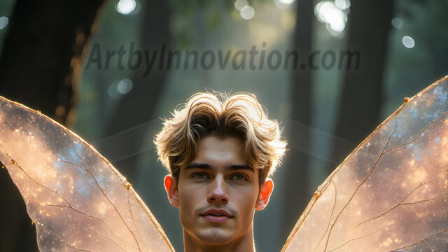 Brought to life through AI, Capturing the Pristine and Elusive Male Fairy. Imagine a realm where handsome shirtless men & boys possess enormous, shimmering crystal wings, vibrant and radiant, capturing and reflecting the light of the environment in a mesmerizing way, and adding a touch of mystery to their intense visage. Outdoors in a fantasy mysterious enchanted realm.