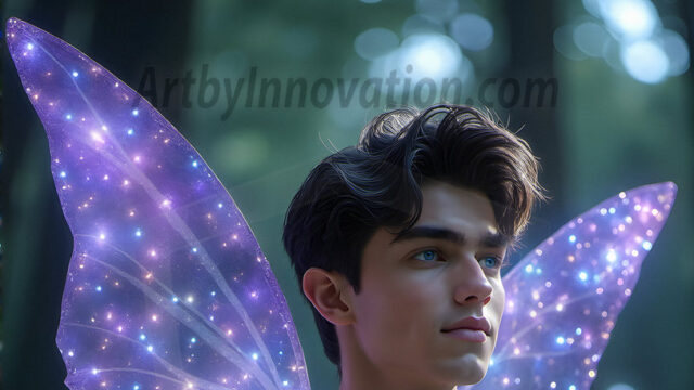 Brought to life through AI, Capturing the Pristine and Elusive Male Fairy. Imagine a realm where handsome shirtless men & boys possess enormous, shimmering crystal wings, vibrant and radiant, capturing and reflecting the light of the environment in a mesmerizing way, and adding a touch of mystery to their intense visage. Outdoors in a fantasy mysterious enchanted realm.