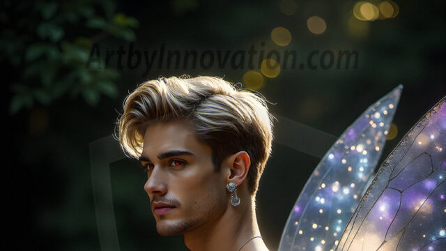 Brought to life through AI, Capturing the Pristine and Elusive Male Fairy. Imagine a realm where handsome shirtless men & boys possess enormous, shimmering crystal wings, vibrant and radiant, capturing and reflecting the light of the environment in a mesmerizing way, and adding a touch of mystery to their intense visage. Outdoors in a fantasy mysterious enchanted realm.