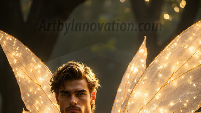 Brought to life through AI, Capturing the Pristine and Elusive Male Fairy. Imagine a realm where handsome shirtless men & boys possess enormous, shimmering crystal wings, vibrant and radiant, capturing and reflecting the light of the environment in a mesmerizing way, and adding a touch of mystery to their intense visage. Outdoors in a fantasy mysterious enchanted realm.