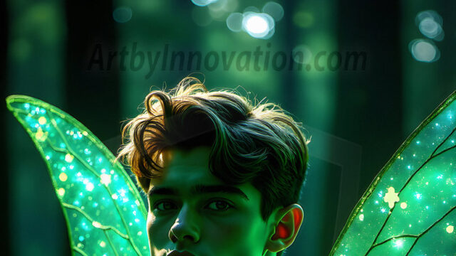 Brought to life through AI, Capturing the Pristine and Elusive Male Fairy. Imagine a realm where handsome shirtless men & boys possess enormous, shimmering crystal wings, vibrant and radiant, capturing and reflecting the light of the environment in a mesmerizing way, and adding a touch of mystery to their intense visage. Outdoors in a fantasy mysterious enchanted realm.