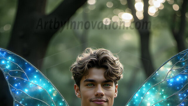Brought to life through AI, Capturing the Pristine and Elusive Male Fairy. Imagine a realm where handsome shirtless men & boys possess enormous, shimmering crystal wings, vibrant and radiant, capturing and reflecting the light of the environment in a mesmerizing way, and adding a touch of mystery to their intense visage. Outdoors in a fantasy mysterious enchanted realm.