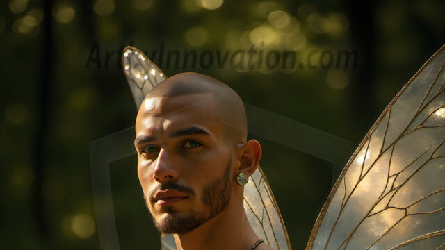Brought to life through AI, Capturing the Pristine and Elusive Male Fairy. Imagine a realm where handsome shirtless men & boys possess enormous, shimmering crystal wings, vibrant and radiant, capturing and reflecting the light of the environment in a mesmerizing way, and adding a touch of mystery to their intense visage. Outdoors in a fantasy mysterious enchanted realm.