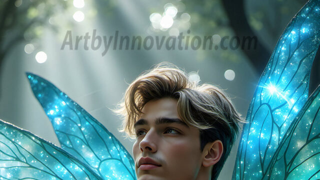 Brought to life through AI, Capturing the Pristine and Elusive Male Fairy. Imagine a realm where handsome shirtless men & boys possess enormous, shimmering crystal wings, vibrant and radiant, capturing and reflecting the light of the environment in a mesmerizing way, and adding a touch of mystery to their intense visage. Outdoors in a fantasy mysterious enchanted realm.