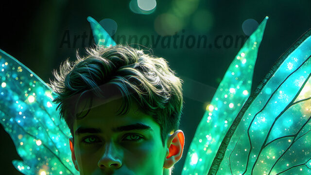 Brought to life through AI, Capturing the Pristine and Elusive Male Fairy. Imagine a realm where handsome shirtless men & boys possess enormous, shimmering crystal wings, vibrant and radiant, capturing and reflecting the light of the environment in a mesmerizing way, and adding a touch of mystery to their intense visage. Outdoors in a fantasy mysterious enchanted realm.