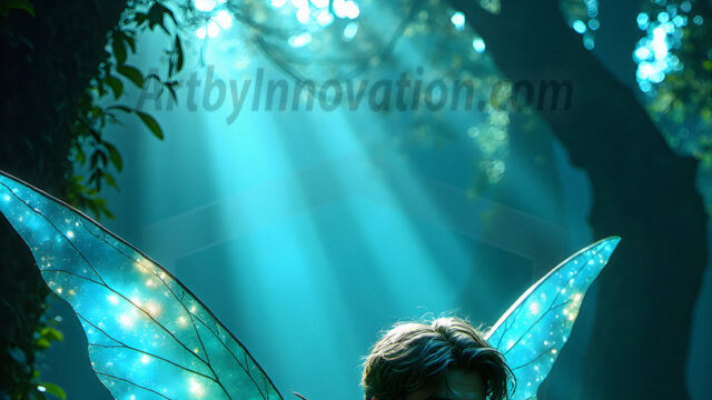 Brought to life through AI, Capturing the Pristine and Elusive Male Fairy. Imagine a realm where handsome shirtless men & boys possess enormous, shimmering crystal wings, vibrant and radiant, capturing and reflecting the light of the environment in a mesmerizing way, and adding a touch of mystery to their intense visage. Outdoors in a fantasy mysterious enchanted realm.