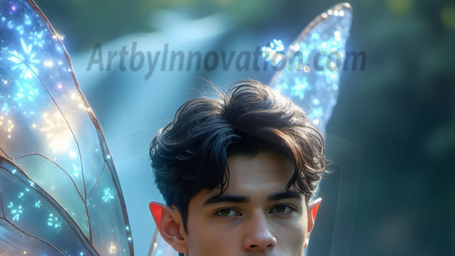 Brought to life through AI, Capturing the Pristine and Elusive Male Fairy. Imagine a realm where handsome shirtless men & boys possess enormous, shimmering crystal wings, vibrant and radiant, capturing and reflecting the light of the environment in a mesmerizing way, and adding a touch of mystery to their intense visage. Outdoors in a fantasy mysterious enchanted realm.