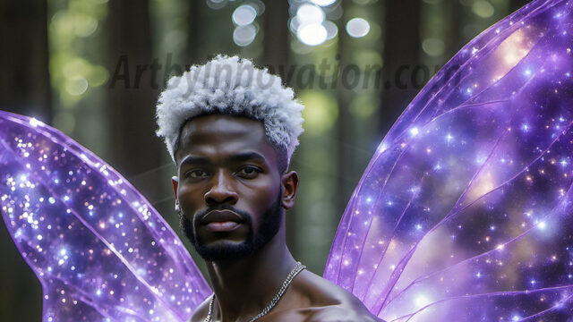 Brought to life through AI, Capturing the Pristine and Elusive Male Fairy. Imagine a realm where handsome shirtless men & boys possess enormous, shimmering crystal wings, vibrant and radiant, capturing and reflecting the light of the environment in a mesmerizing way, and adding a touch of mystery to their intense visage. Outdoors in a fantasy mysterious enchanted realm.