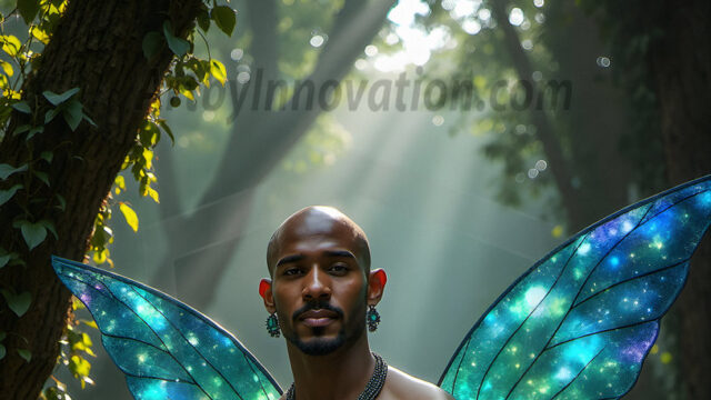 Brought to life through AI, Capturing the Pristine and Elusive Male Fairy. Imagine a realm where handsome shirtless men & boys possess enormous, shimmering crystal wings, vibrant and radiant, capturing and reflecting the light of the environment in a mesmerizing way, and adding a touch of mystery to their intense visage. Outdoors in a fantasy mysterious enchanted realm.