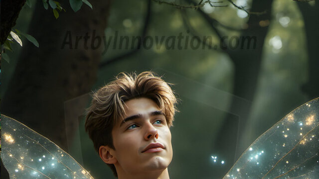Brought to life through AI, Capturing the Pristine and Elusive Male Fairy. Imagine a realm where handsome shirtless men & boys possess enormous, shimmering crystal wings, vibrant and radiant, capturing and reflecting the light of the environment in a mesmerizing way, and adding a touch of mystery to their intense visage. Outdoors in a fantasy mysterious enchanted realm.