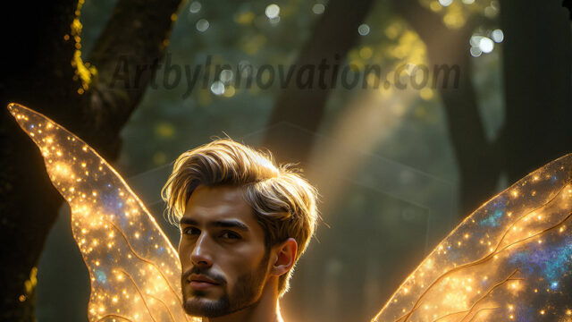 Brought to life through AI, Capturing the Pristine and Elusive Male Fairy. Imagine a realm where handsome shirtless men & boys possess enormous, shimmering crystal wings, vibrant and radiant, capturing and reflecting the light of the environment in a mesmerizing way, and adding a touch of mystery to their intense visage. Outdoors in a fantasy mysterious enchanted realm.