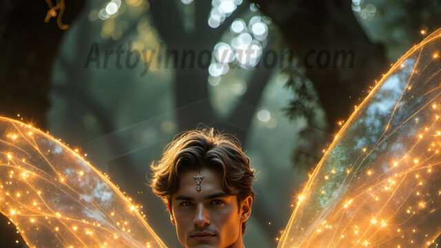 Brought to life through AI, Capturing the Pristine and Elusive Male Fairy. Imagine a realm where handsome shirtless men & boys possess enormous, shimmering crystal wings, vibrant and radiant, capturing and reflecting the light of the environment in a mesmerizing way, and adding a touch of mystery to their intense visage. Outdoors in a fantasy mysterious enchanted realm.