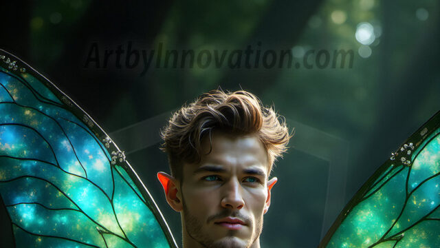 Brought to life through AI, Capturing the Pristine and Elusive Male Fairy. Imagine a realm where handsome shirtless men & boys possess enormous, shimmering crystal wings, vibrant and radiant, capturing and reflecting the light of the environment in a mesmerizing way, and adding a touch of mystery to their intense visage. Outdoors in a fantasy mysterious enchanted realm.