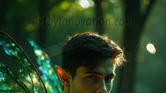 Brought to life through AI, Capturing the Pristine and Elusive Male Fairy. Imagine a realm where handsome shirtless men & boys possess enormous, shimmering crystal wings, vibrant and radiant, capturing and reflecting the light of the environment in a mesmerizing way, and adding a touch of mystery to their intense visage. Outdoors in a fantasy mysterious enchanted realm.
