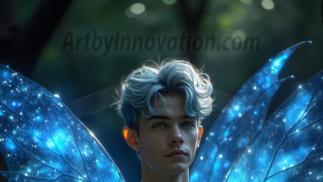 Brought to life through AI, Capturing the Pristine and Elusive Male Fairy. Imagine a realm where handsome shirtless men & boys possess enormous, shimmering crystal wings, vibrant and radiant, capturing and reflecting the light of the environment in a mesmerizing way, and adding a touch of mystery to their intense visage. Outdoors in a fantasy mysterious enchanted realm.