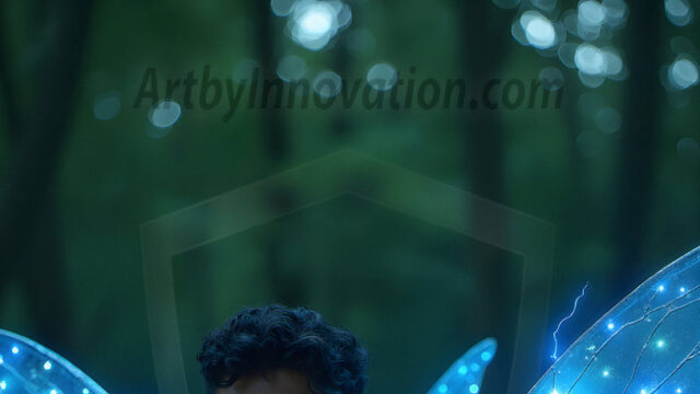 Brought to life through AI, Capturing the Pristine and Elusive Male Fairy. Imagine a realm where handsome shirtless men & boys possess enormous, shimmering crystal wings, vibrant and radiant, capturing and reflecting the light of the environment in a mesmerizing way, and adding a touch of mystery to their intense visage. Outdoors in a fantasy mysterious enchanted realm.