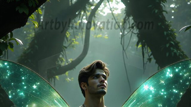 Brought to life through AI, Capturing the Pristine and Elusive Male Fairy. Imagine a realm where handsome shirtless men & boys possess enormous, shimmering crystal wings, vibrant and radiant, capturing and reflecting the light of the environment in a mesmerizing way, and adding a touch of mystery to their intense visage. Outdoors in a fantasy mysterious enchanted realm.