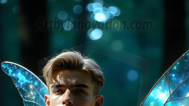 Brought to life through AI, Capturing the Pristine and Elusive Male Fairy. Imagine a realm where handsome shirtless men & boys possess enormous, shimmering crystal wings, vibrant and radiant, capturing and reflecting the light of the environment in a mesmerizing way, and adding a touch of mystery to their intense visage. Outdoors in a fantasy mysterious enchanted realm.