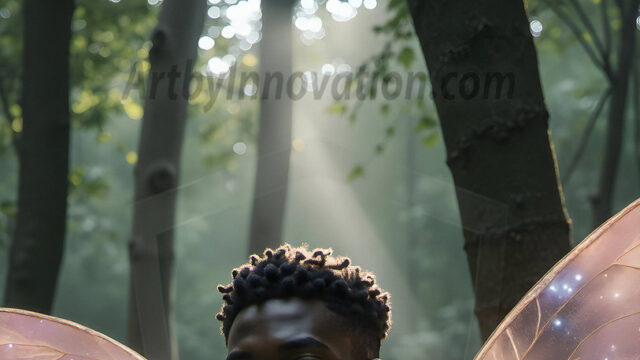 Brought to life through AI, Capturing the Pristine and Elusive Male Fairy. Imagine a realm where handsome shirtless men & boys possess enormous, shimmering crystal wings, vibrant and radiant, capturing and reflecting the light of the environment in a mesmerizing way, and adding a touch of mystery to their intense visage. Outdoors in a fantasy mysterious enchanted realm.