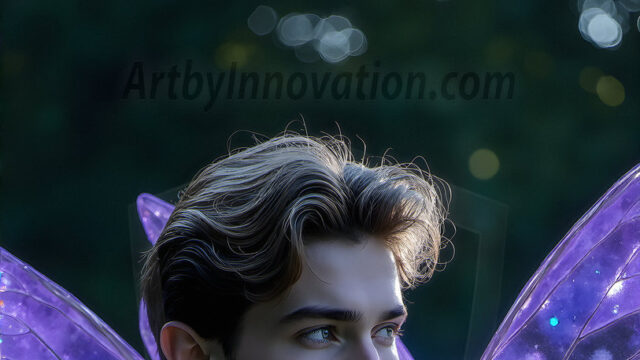 Brought to life through AI, Capturing the Pristine and Elusive Male Fairy. Imagine a realm where handsome shirtless men & boys possess enormous, shimmering crystal wings, vibrant and radiant, capturing and reflecting the light of the environment in a mesmerizing way, and adding a touch of mystery to their intense visage. Outdoors in a fantasy mysterious enchanted realm.
