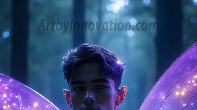 Brought to life through AI, Capturing the Pristine and Elusive Male Fairy. Imagine a realm where handsome shirtless men & boys possess enormous, shimmering crystal wings, vibrant and radiant, capturing and reflecting the light of the environment in a mesmerizing way, and adding a touch of mystery to their intense visage. Outdoors in a fantasy mysterious enchanted realm.