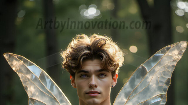 Brought to life through AI, Capturing the Pristine and Elusive Male Fairy. Imagine a realm where handsome shirtless men & boys possess enormous, shimmering crystal wings, vibrant and radiant, capturing and reflecting the light of the environment in a mesmerizing way, and adding a touch of mystery to their intense visage. Outdoors in a fantasy mysterious enchanted realm.