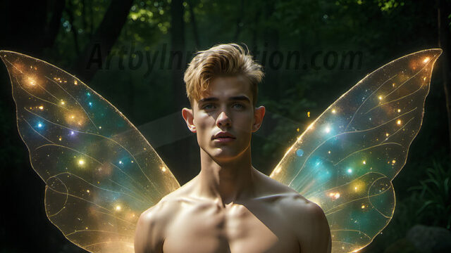 Brought to life through AI, Capturing the Pristine and Elusive Male Fairy. Imagine a realm where handsome shirtless men & boys possess enormous, shimmering crystal wings, vibrant and radiant, capturing and reflecting the light of the environment in a mesmerizing way, and adding a touch of mystery to their intense visage. Outdoors in a fantasy mysterious enchanted realm.