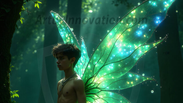 Brought to life through AI, Capturing the Pristine and Elusive Male Fairy. Imagine a realm where handsome shirtless men & boys possess enormous, shimmering crystal wings, vibrant and radiant, capturing and reflecting the light of the environment in a mesmerizing way, and adding a touch of mystery to their intense visage. Outdoors in a fantasy mysterious enchanted realm.