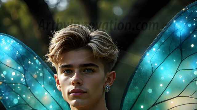 Brought to life through AI, Capturing the Pristine and Elusive Male Fairy. Imagine a realm where handsome shirtless men & boys possess enormous, shimmering crystal wings, vibrant and radiant, capturing and reflecting the light of the environment in a mesmerizing way, and adding a touch of mystery to their intense visage. Outdoors in a fantasy mysterious enchanted realm.