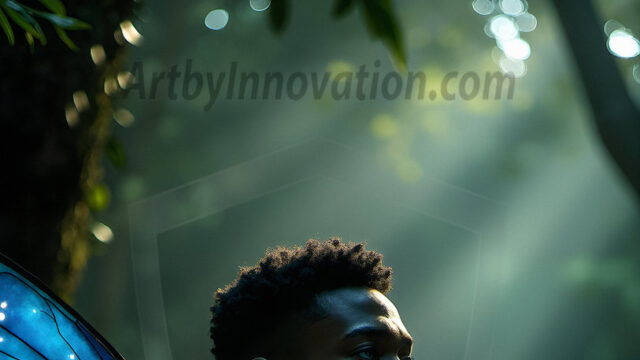 Brought to life through AI, Capturing the Pristine and Elusive Male Fairy. Imagine a realm where handsome shirtless men & boys possess enormous, shimmering crystal wings, vibrant and radiant, capturing and reflecting the light of the environment in a mesmerizing way, and adding a touch of mystery to their intense visage. Outdoors in a fantasy mysterious enchanted realm.