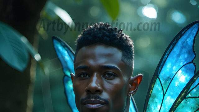 Brought to life through AI, Capturing the Pristine and Elusive Male Fairy. Imagine a realm where handsome shirtless men & boys possess enormous, shimmering crystal wings, vibrant and radiant, capturing and reflecting the light of the environment in a mesmerizing way, and adding a touch of mystery to their intense visage. Outdoors in a fantasy mysterious enchanted realm.