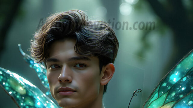 Brought to life through AI, Capturing the Pristine and Elusive Male Fairy. Imagine a realm where handsome shirtless men & boys possess enormous, shimmering crystal wings, vibrant and radiant, capturing and reflecting the light of the environment in a mesmerizing way, and adding a touch of mystery to their intense visage. Outdoors in a fantasy mysterious enchanted realm.