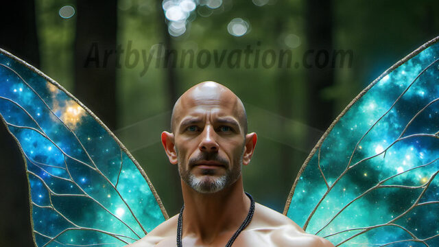 Brought to life through AI, Capturing the Pristine and Elusive Male Fairy. Imagine a realm where handsome shirtless men & boys possess enormous, shimmering crystal wings, vibrant and radiant, capturing and reflecting the light of the environment in a mesmerizing way, and adding a touch of mystery to their intense visage. Outdoors in a fantasy mysterious enchanted realm.
