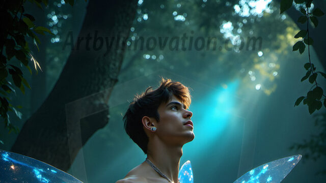 Brought to life through AI, Capturing the Pristine and Elusive Male Fairy. Imagine a realm where handsome shirtless men & boys possess enormous, shimmering crystal wings, vibrant and radiant, capturing and reflecting the light of the environment in a mesmerizing way, and adding a touch of mystery to their intense visage. Outdoors in a fantasy mysterious enchanted realm.