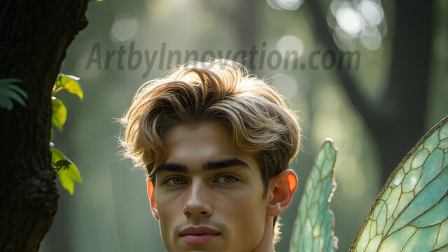 Brought to life through AI, Capturing the Pristine and Elusive Male Fairy. Imagine a realm where handsome shirtless men & boys possess enormous, shimmering crystal wings, vibrant and radiant, capturing and reflecting the light of the environment in a mesmerizing way, and adding a touch of mystery to their intense visage. Outdoors in a fantasy mysterious enchanted realm.