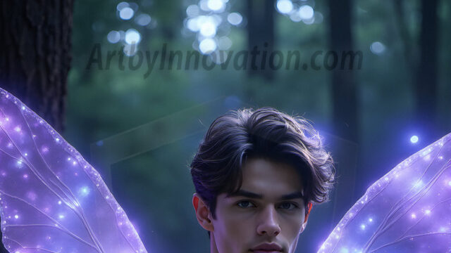 Brought to life through AI, Capturing the Pristine and Elusive Male Fairy. Imagine a realm where handsome shirtless men & boys possess enormous, shimmering crystal wings, vibrant and radiant, capturing and reflecting the light of the environment in a mesmerizing way, and adding a touch of mystery to their intense visage. Outdoors in a fantasy mysterious enchanted realm.